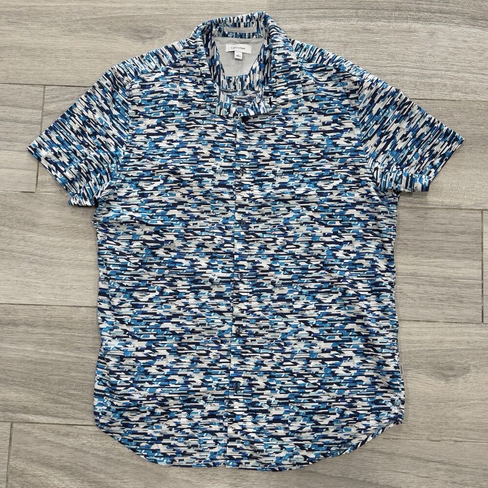 Calvin Klein Men’s Button Up Shirt, Size L, Short Sleeve, Blue Geometric, Cotton